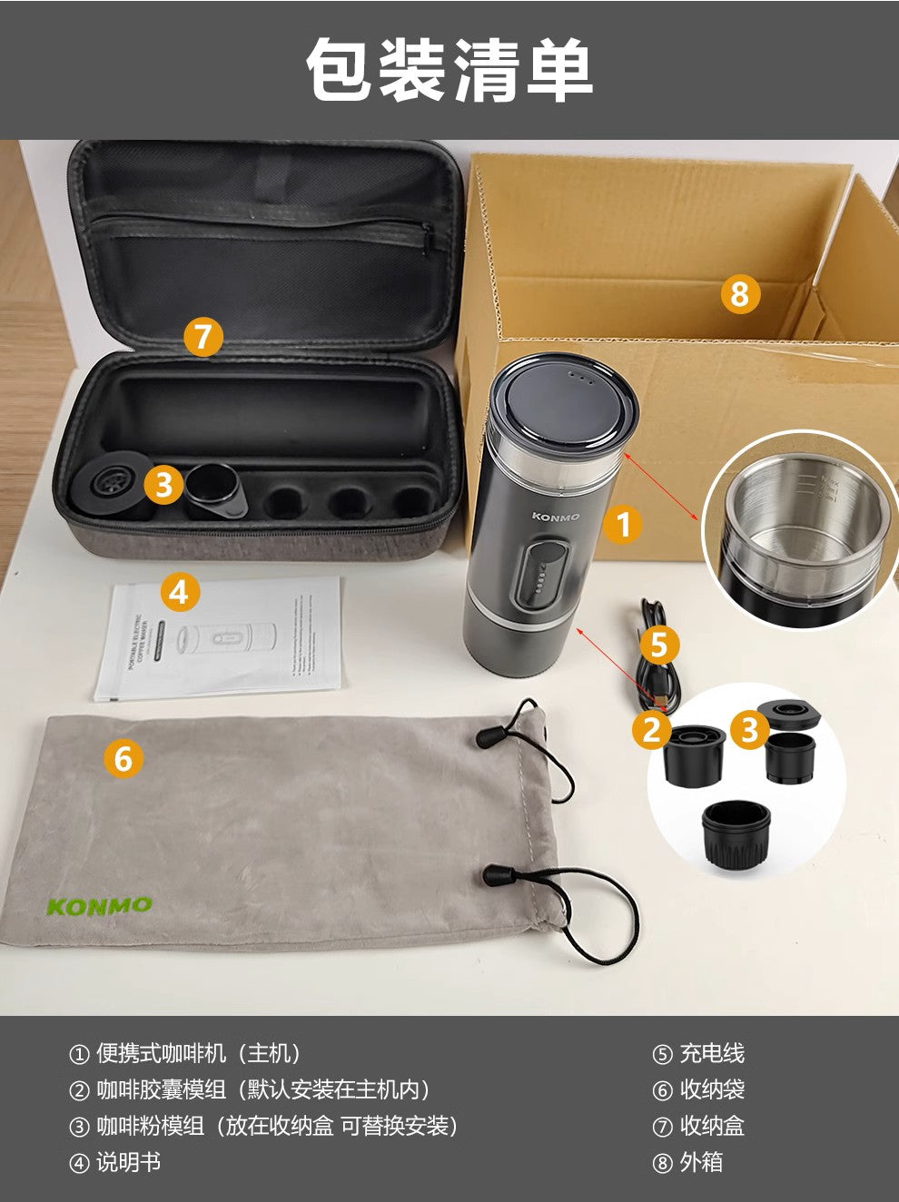 KONMO 戶外露營攜帶義式咖啡機 無線加熱冷熱萃取咖啡粉膠囊兩用